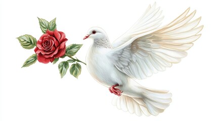 Obraz premium A white dove holding a rose in its beak, symbol of love and peace, detailed painting, isolated on white background. 