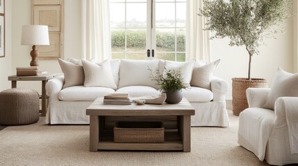 A cozy living room featuring a neutral sofa, wooden furniture, and decorative plants.