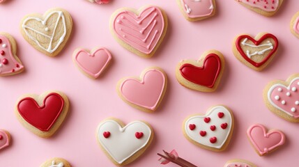 Fototapeta premium Valentine cookies in the shape of lips, hearts, and arrows, styled on a pastel pink background