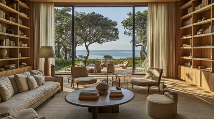 Obraz premium A modern interior showcasing bamboo cabinetry and soft neutral decor.