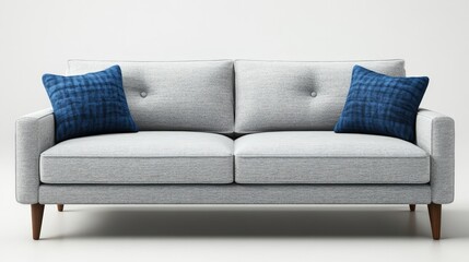 Fototapeta premium A stylish light gray sofa with wooden legs, adorned with four pillows: two solid dark blue and two with blue and white floral patterns. The elegant living room features framed artwork on the wall.
