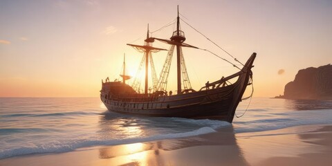 Obraz premium Ancient Greek warship adrift on a pristine white beach at sunrise, sunrise, shipwreck