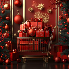 Festive online shopping celebration with red and gold gift boxes and digital elements