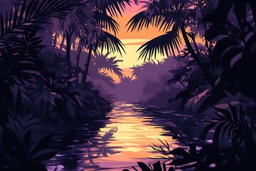 Obraz premium Lush Jungle River at Sunset: A Serene Tropical Oasis