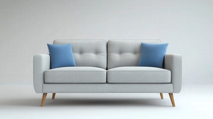 Fototapeta premium A stylish light gray sofa with wooden legs, adorned with four pillows: two solid dark blue and two with blue and white floral patterns. The elegant living room features framed artwork on the wall.