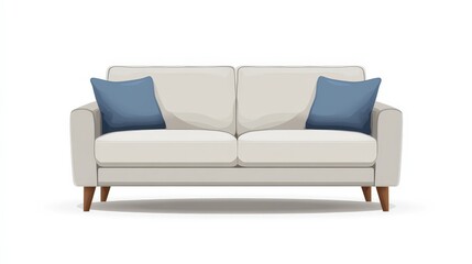 Naklejka premium A stylish light gray sofa with wooden legs, adorned with four pillows: two solid dark blue and two with blue and white floral patterns. The elegant living room features framed artwork on the wall.