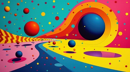 Obraz premium An energetic pop-art layout featuring scattered polka dots, sharp zigzag patterns, and a mix of dynamic cyan, magenta, and yellow tones.