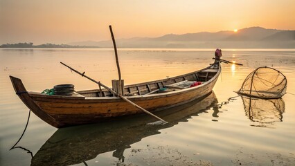 Authentic Asian Sampan Boat, Traditional Fishing Vessel, Stock Photo