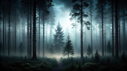 Dark mysterious forest at dusk with a black transparent gradient background, dark, atmosphere