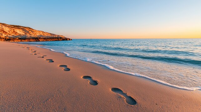 Mental health recovery and growth, A tranquil beach scene at sunset, featuring footprints in the sand leading toward gentle waves and a colorful sky.