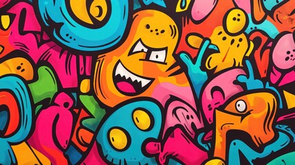Colorful doodle monsters and shapes background.