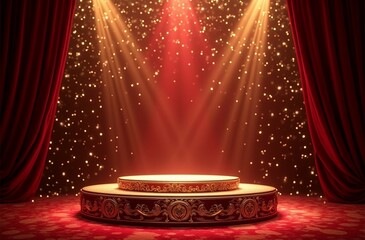 Red carpet stage with golden curtain on transparent background, ideal for glamorous event designs.