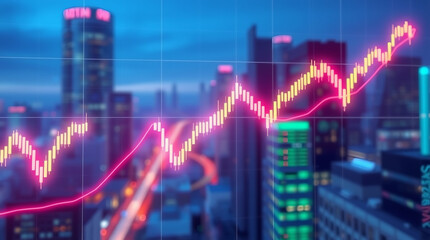 Glowing Stock Market Trends Displayed Against a Vibrant City at Night