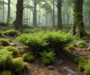 Atrichum angustatum moss growing in a damp, shaded forest floor , damp, small moss