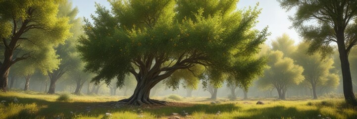 Fototapeta premium Autumn olive tree in full flower against a green summer forest, flowering trees, autumn olive, forest scenery