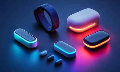 Futuristic health tech gadgets glow on dark surface