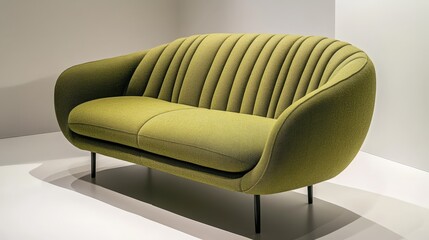 A stylish green velvet loveseat with vertical channel tufting and black tapered legs, offering a modern and elegant seating option for living spaces.