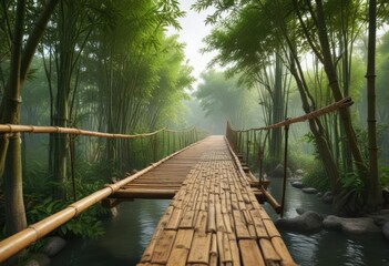 Fototapeta premium Bamboo suspended bridge connecting two trees with leaves and vines , tree to tree bamboo, tropical forest suspension, suspension in jungle