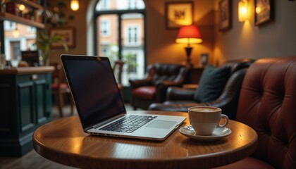 Laptop on table with coffee cup in cozy cafe, ideal for remote work with flexible schedule