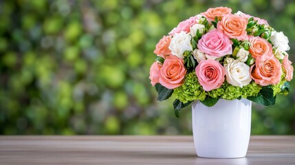 Elegant Bouquet of Pink, Peach, and White Roses in a White Vase against a Soft Green Bokeh Background