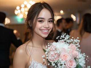 Quinceanera Birthday Girl Smiles Joyfully While Holding a Bouquet of Flowers During Her Celebration With Friends and Family at the Party Venue