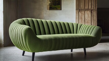 A stylish green velvet loveseat with vertical channel tufting and black tapered legs, offering a modern and elegant seating option for living spaces.