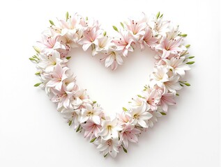 Obraz premium Beautiful heart-shaped arrangement of white and pink lilies on a white backdrop, romantic, wedding, Valentine's Day, celebration