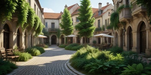 Fototapeta premium Beautifully maintained public spaces with lush greenery surrounding the old town center , old, spaces