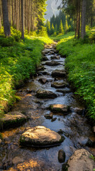 Naklejka premium Forest stream, sunlit path, mountain view, nature serenity, travel poster
