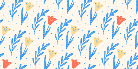 A hand-painted floral pattern with Scandinavian-style tulips. A bright pattern for children textiles, wrapping paper, and women clothing.
