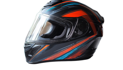 Black, Orange, and Blue Motorcycle Helmet with Abstract Stripes