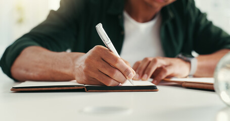 Man, journalist and writing hands in office, professional inspiration and planning for article. Notebook, news agency and brainstorming information for column in workplace, person and story ideas