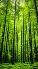 Obraz premium Lush green forest, sunlit canopy, moss ground. Nature wallpaper