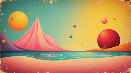 A vintage conceptual scene with pastel-colored geometric shapes, textured noise effects, and retro-inspired faded gradients.