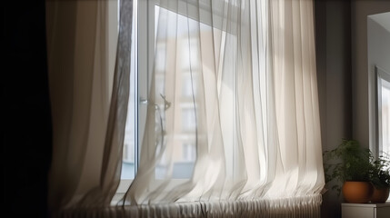 a window with curtains and a pot of plants