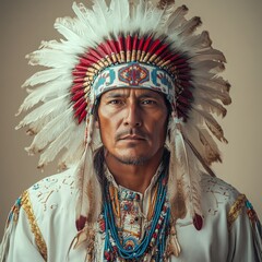 Obraz premium Traditional chief wearing an intricate feathered headdress. Ideal for cultural, historical, or artistic projects celebrating heritage and craftsmanship.