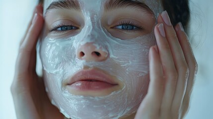 Fototapeta premium Relaxed woman receiving a facial treatment at a spa. Ideal for wellness, skincare, and beauty-related promotions. Perfect for salons, spa ads, and skincare brands.