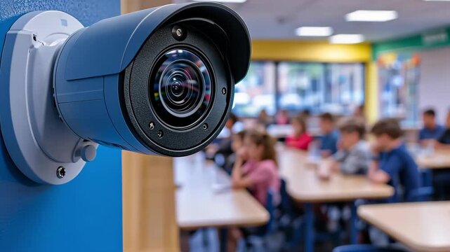 A surveillance camera is installed in a colorful classroom, where students are focused on their work at desks. The setup enhances security and ensures student engagement.