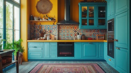 Sunny kitchen with teal cabinets, patterned tiles, and rug.