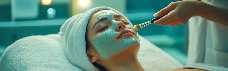 Relaxed woman receiving a facial treatment at a spa. Ideal for wellness, skincare, and beauty-related promotions. Perfect for salons, spa ads, and skincare brands.