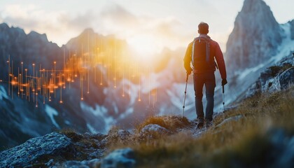 Obraz premium A lone hiker braves the rugged mountain terrain, embodying the spirit of adventure and freedom, capturing the essence of a Trader Nomad.