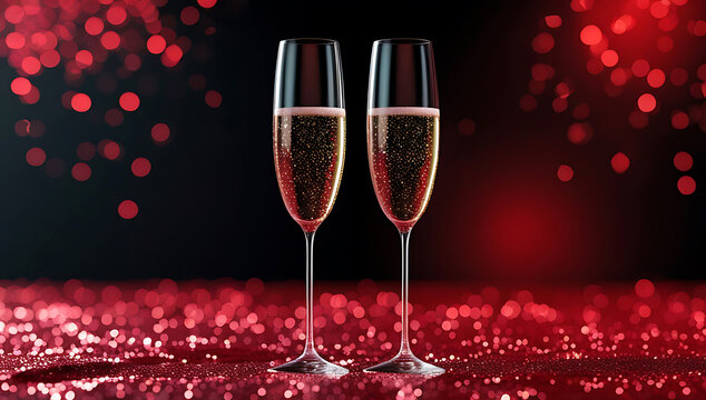 Elegant Champagne Flutes with Red Sparkling Wine and Bokeh Lights