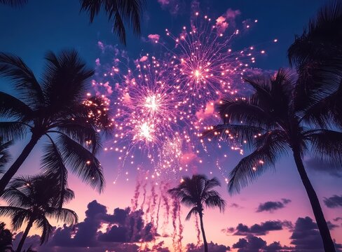 Colorful fireworks exploding in the night sky over a tropical beach with palm trees silhouetted against a purple and pink sunset backdrop