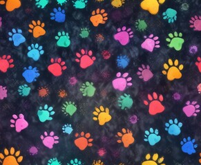 Bubbly seamless texture with multicolored hand paw prints scattered throughout, rainbow, pets, animals
