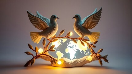 Obraz premium Sculptural Clay Art with Bioluminescent Colors Featuring Serene Doves Above an Olive Branch World Map