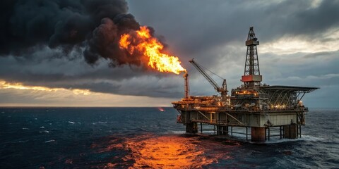 Obraz premium Burning oil rig in the middle of the sea, oil rigs, offshore disaster