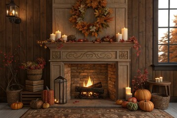 Candlelit burning fireplace on a wooden mantle surrounded by autumnal decorations, autumn decor, rustic elements, candlelight, burning fire, warm ambiance