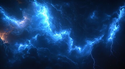 Fototapeta premium Vivid blue lightning arcing across black night sky the jagged forks illuminating fleeting glimpses of swirling clouds