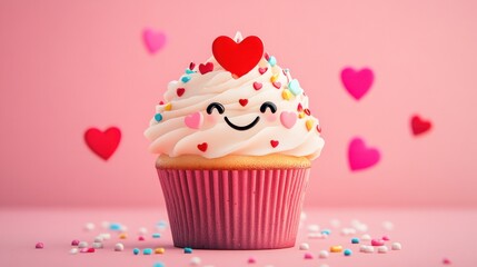 A cheerful cartoon cupcake with heart-shaped sprinkles and a smiling face for Valentine's Day