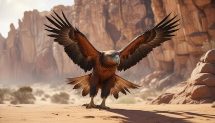 Obraz premium Cave painting of wedge-tailed eagle in desert landscape, wildlife art, natural habitat